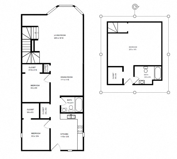 Floor plan for 3 beds, 2 baths, 1374 sqft